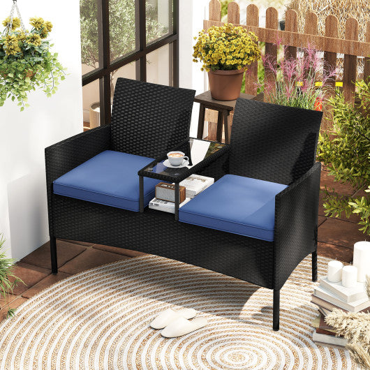 Patio Loveseat with Built-in Table for Backyard Porch-Navy