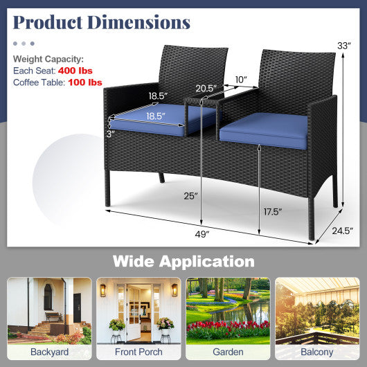 Patio Loveseat with Built-in Table for Backyard Porch-Navy