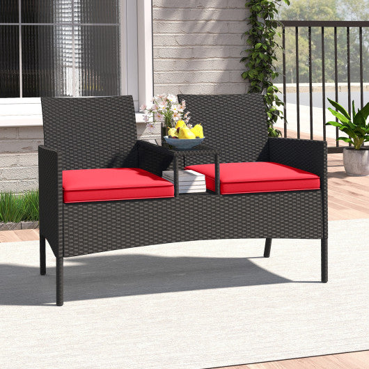 Patio Loveseat with Built-in Table for Backyard Porch-Red