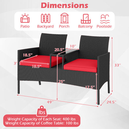 Patio Loveseat with Built-in Table for Backyard Porch-Red