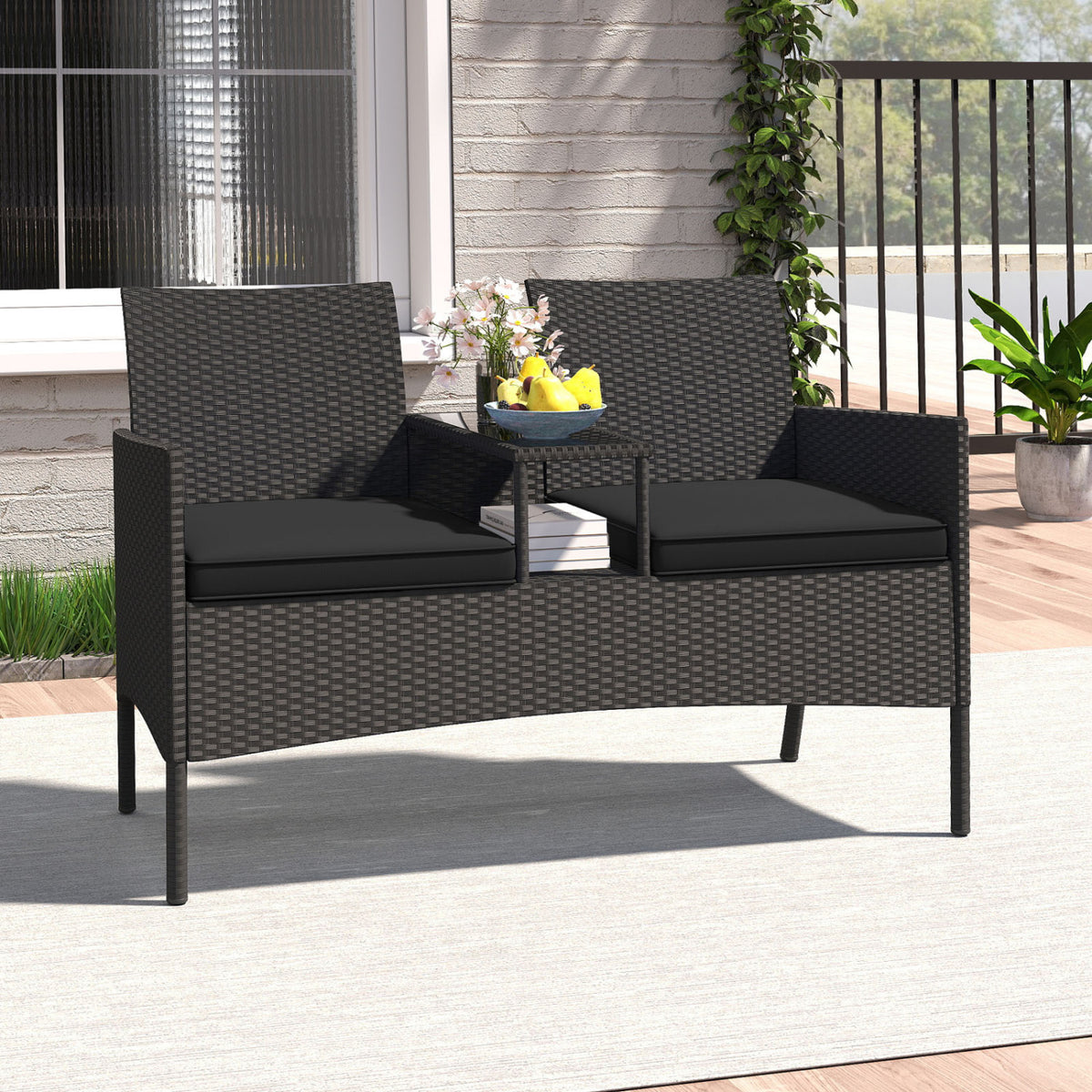 Patio Loveseat with Built-in Table for Backyard Porch-Black
