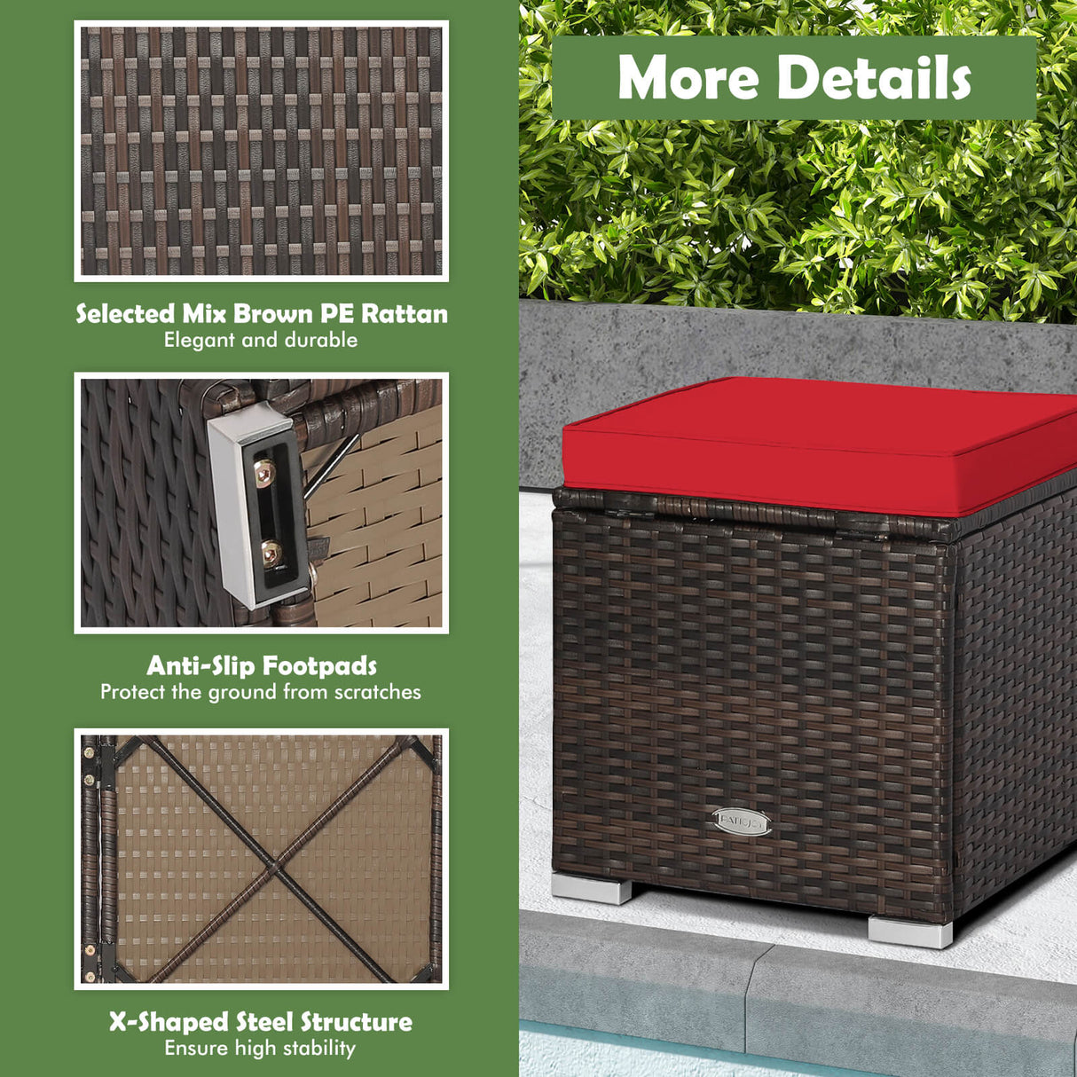 2 Pieces Patio Ottoman with Removable Cushions-Red