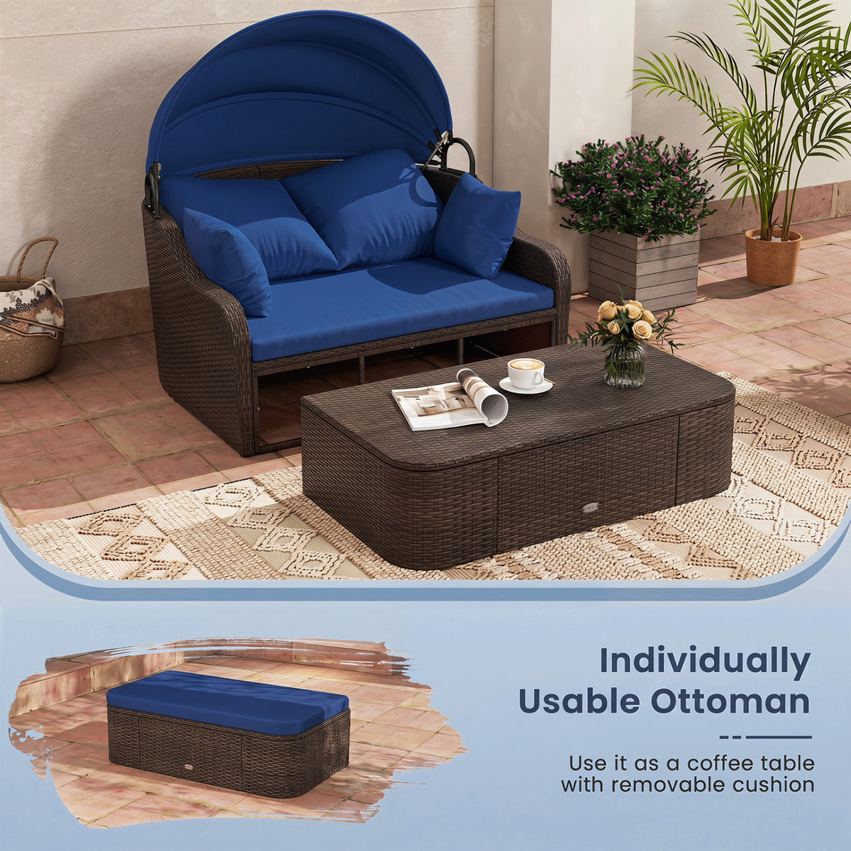 Patio PE Rattan Daybed with Retractable Canopy and Soft Cushions-Navy