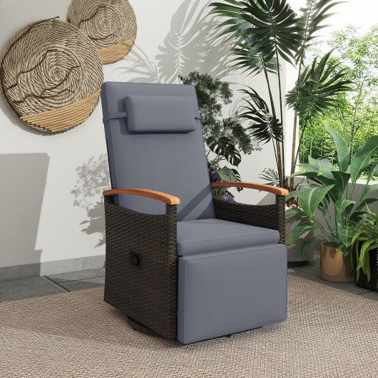 Patio Rattan 360° Swivel Recliner Chair with Adjustable Backrest and Footrest-Gray