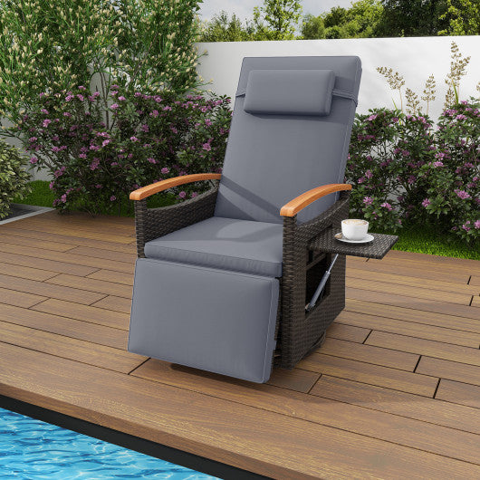 Patio Rattan 360° Swivel Recliner Chair with Adjustable Backrest and Footrest-Gray