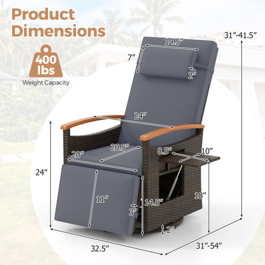 Patio Rattan 360° Swivel Recliner Chair with Adjustable Backrest and Footrest-Gray