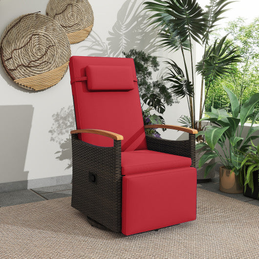 Patio Rattan 360° Swivel Recliner Chair with Adjustable Backrest and Footrest-Red