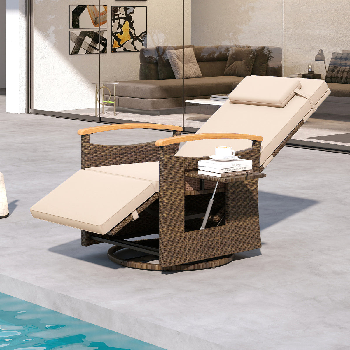 Patio Rattan 360° Swivel Recliner Chair with Adjustable Backrest and Footrest-Beige
