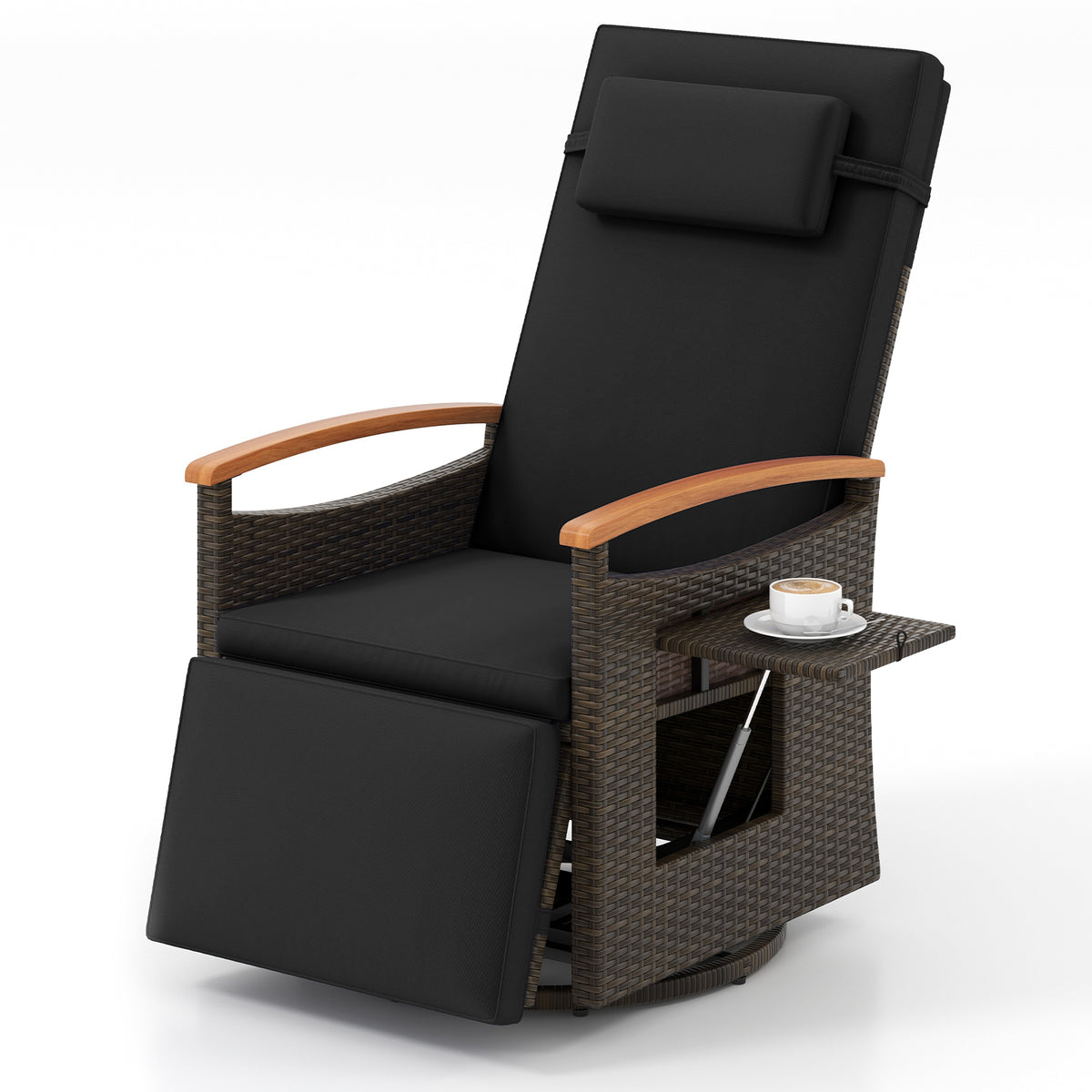 Patio Rattan 360° Swivel Recliner Chair with Adjustable Backrest and Footrest-Black