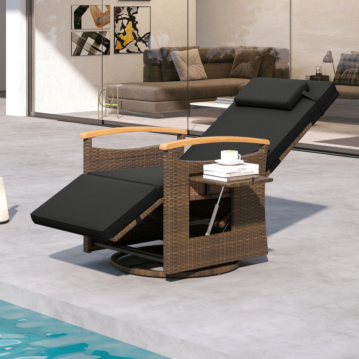 Patio Rattan 360° Swivel Recliner Chair with Adjustable Backrest and Footrest-Black