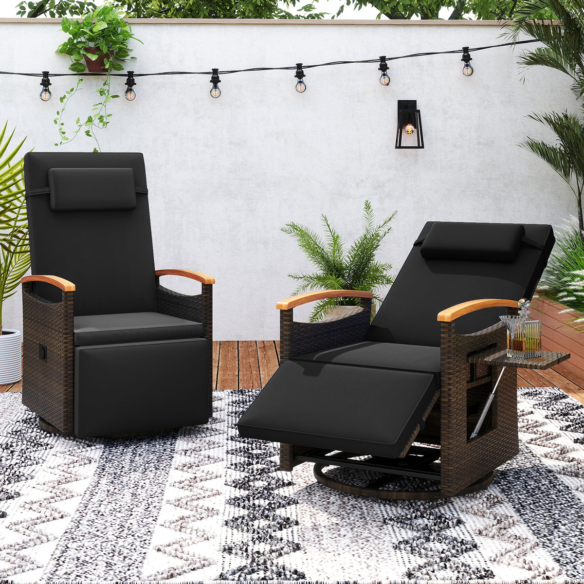 Patio Rattan 360° Swivel Recliner Chair with Adjustable Backrest and Footrest-Black