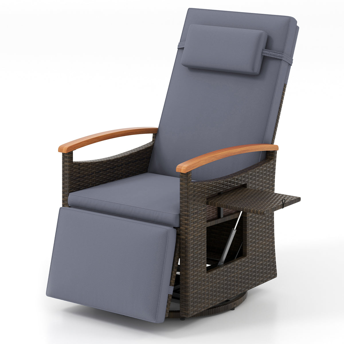 Patio Rattan 360° Swivel Recliner Chair with Adjustable Backrest and Footrest-Gray