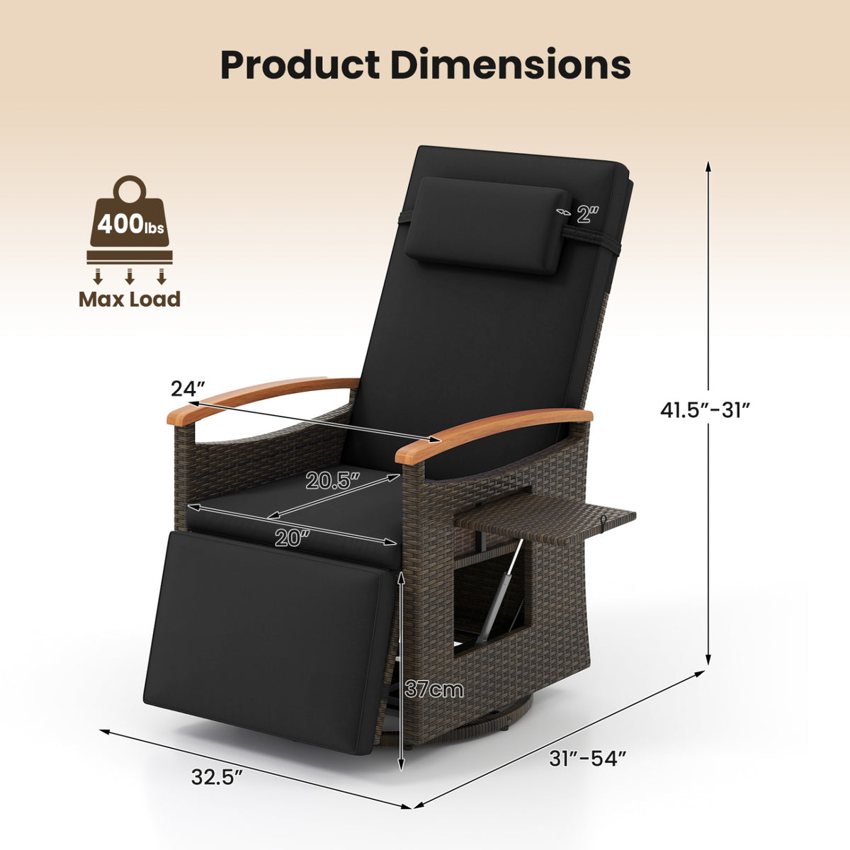 Set of 2 Patio Rattan 360° Swivel Recliner Chair with Adjustable Backrest and Footrest-Black