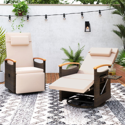 Patio Rattan 360 ° Swivel Recliner Chair with Adjustable Backrest and Footrest-Beige