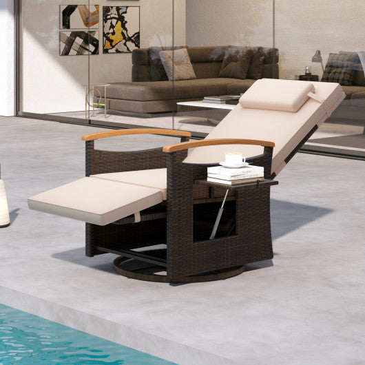 Patio Rattan 360 ° Swivel Recliner Chair with Adjustable Backrest and Footrest-Beige