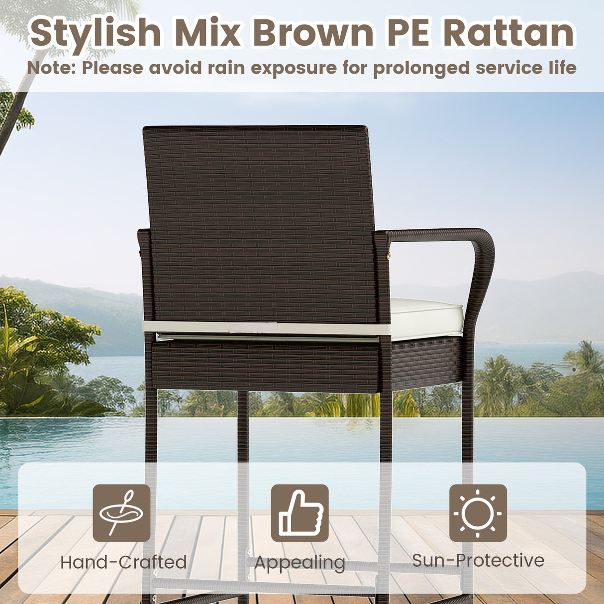 Patio Rattan Bar Height Table and Chairs with 2 Seat Cushions for Porch-White