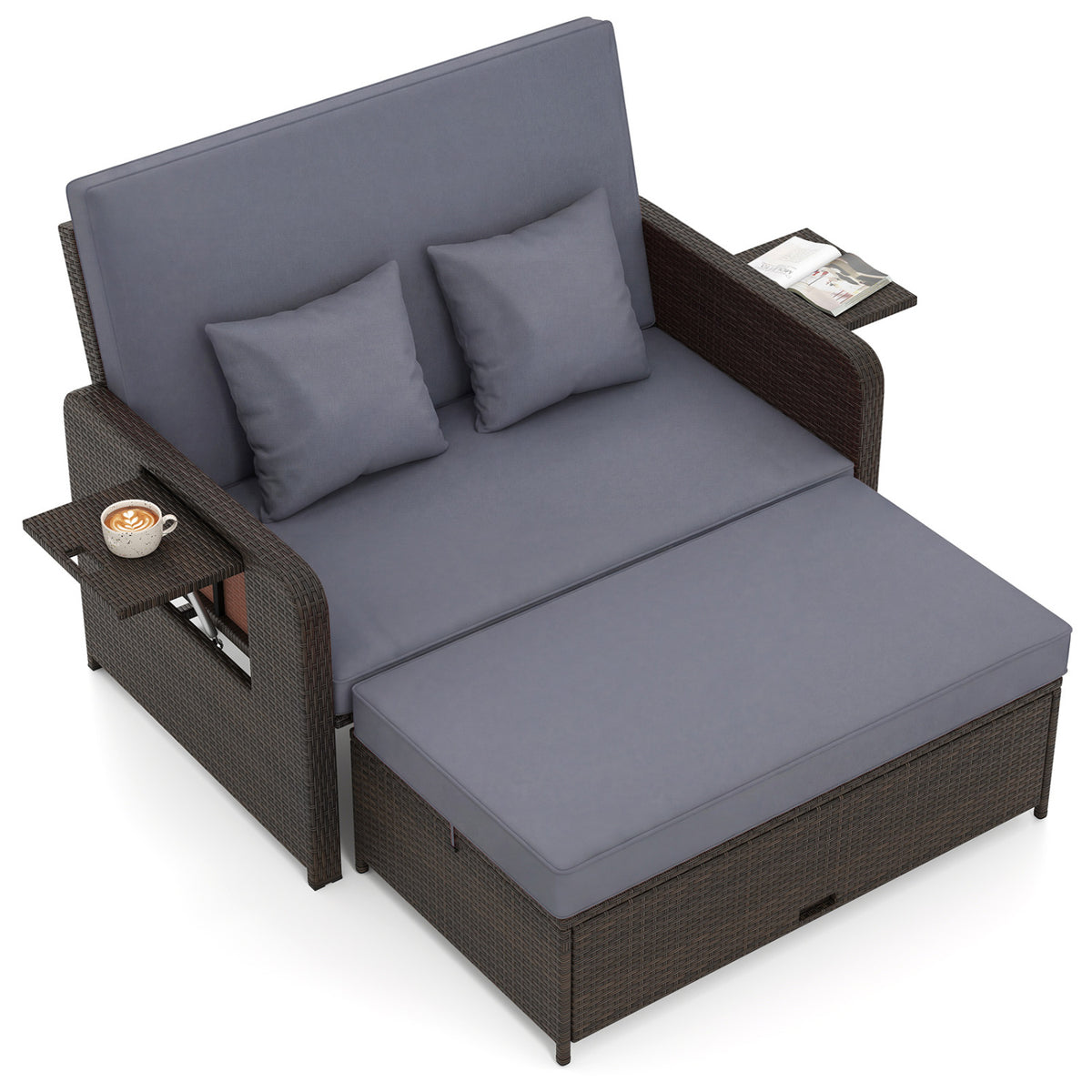Patio Rattan Daybed with 4-Level Adjustable Backrest and Retractable Side Tray-Gray