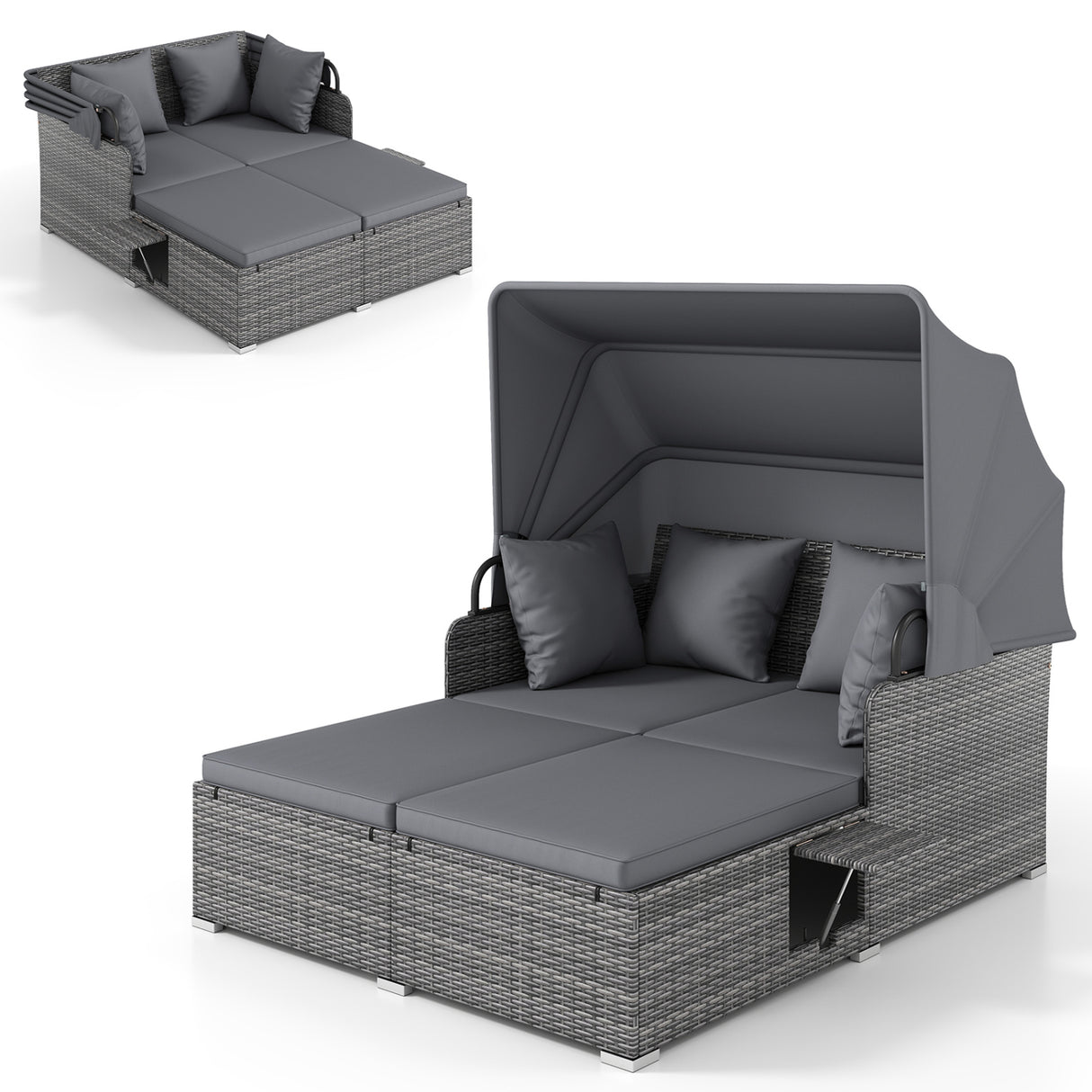 Patio Rattan Daybed with Retractable Canopy and Side Tables-Mix Gray