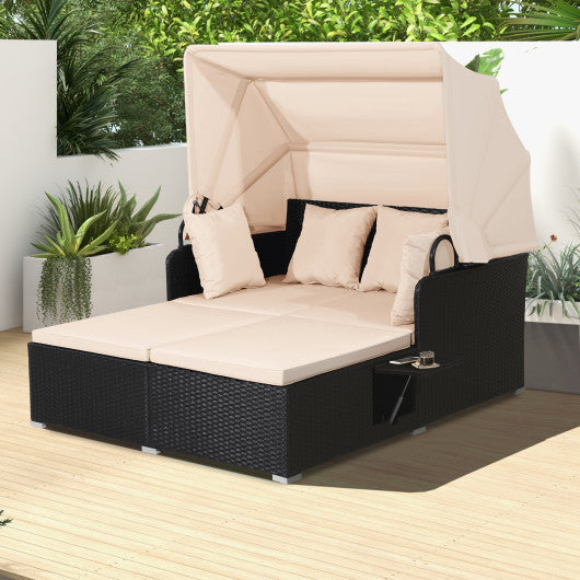 Patio Rattan Daybed with Retractable Canopy and Side Tables-Beige