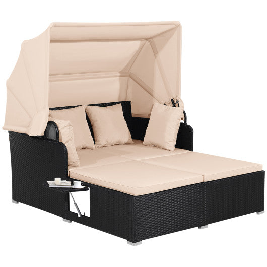 Patio Rattan Daybed with Retractable Canopy and Side Tables-Beige