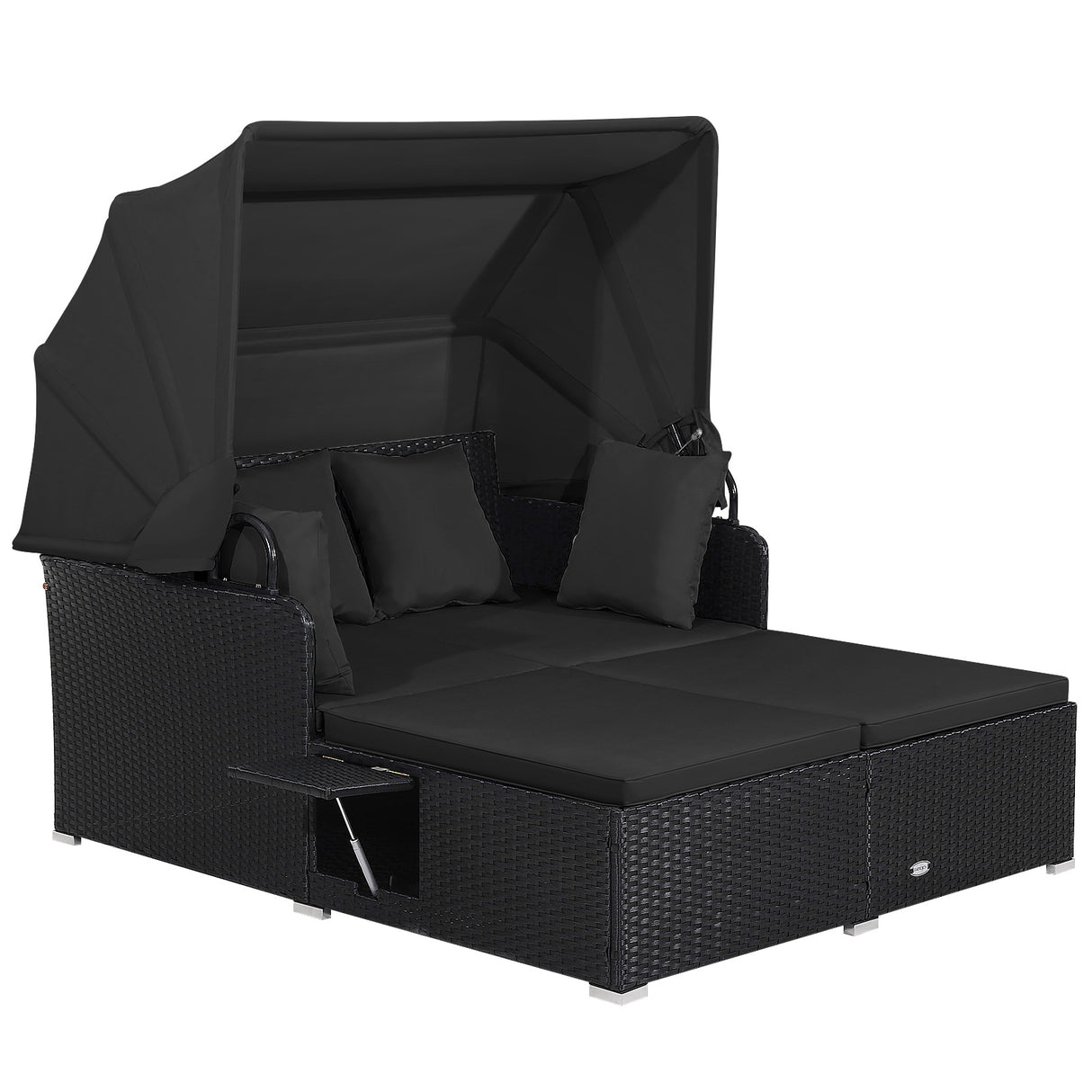 Patio Rattan Daybed with Retractable Canopy and Side Tables-Black