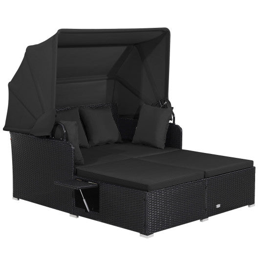 Patio Rattan Daybed with Retractable Canopy and Side Tables-Black