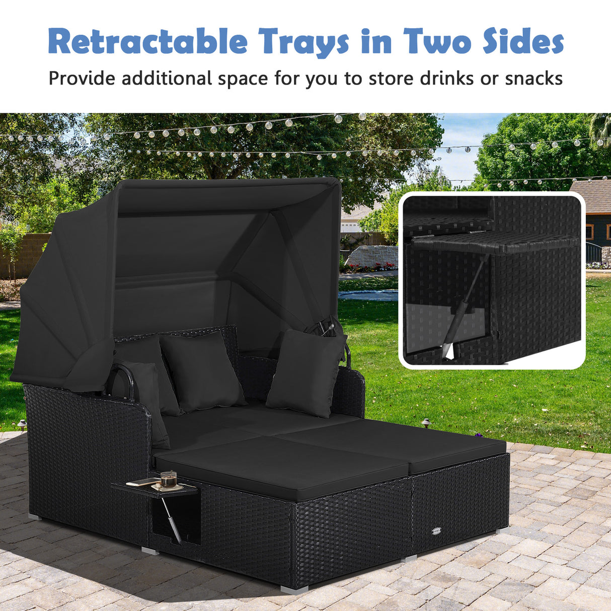 Patio Rattan Daybed with Retractable Canopy and Side Tables-Black