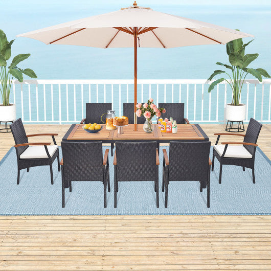 9 Pieces Patio Rattan Dining Set with Acacia Wood Table for Backyard Garden-Wood Handrail