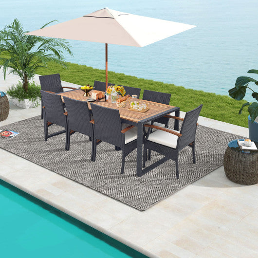 9 Pieces Patio Rattan Dining Set with Acacia Wood Table for Backyard Garden-Wood Handrail