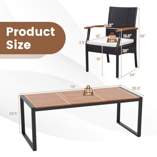 9 Pieces Patio Rattan Dining Set with Acacia Wood Table for Backyard Garden-Wood Handrail