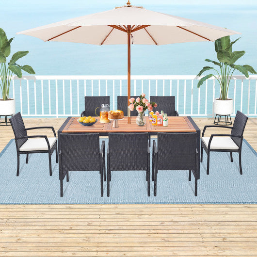 9 Pieces Patio Rattan Dining Set with Acacia Wood Table for Backyard Garden-L-shaped Handrail