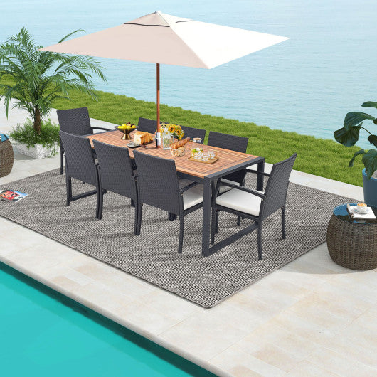 9 Pieces Patio Rattan Dining Set with Acacia Wood Table for Backyard Garden-L-shaped Handrail