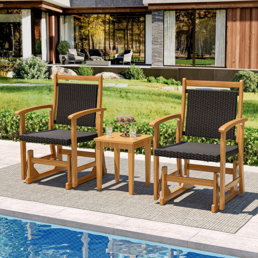 Patio Rattan Glider Chair with Acacia Wood Frame and Wicker Seat Back
