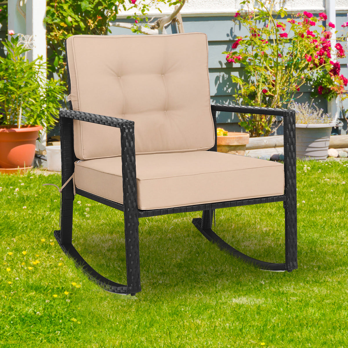 Patio Rattan Rocker Outdoor Glider Rocking Chair Cushion Lawn-Brown