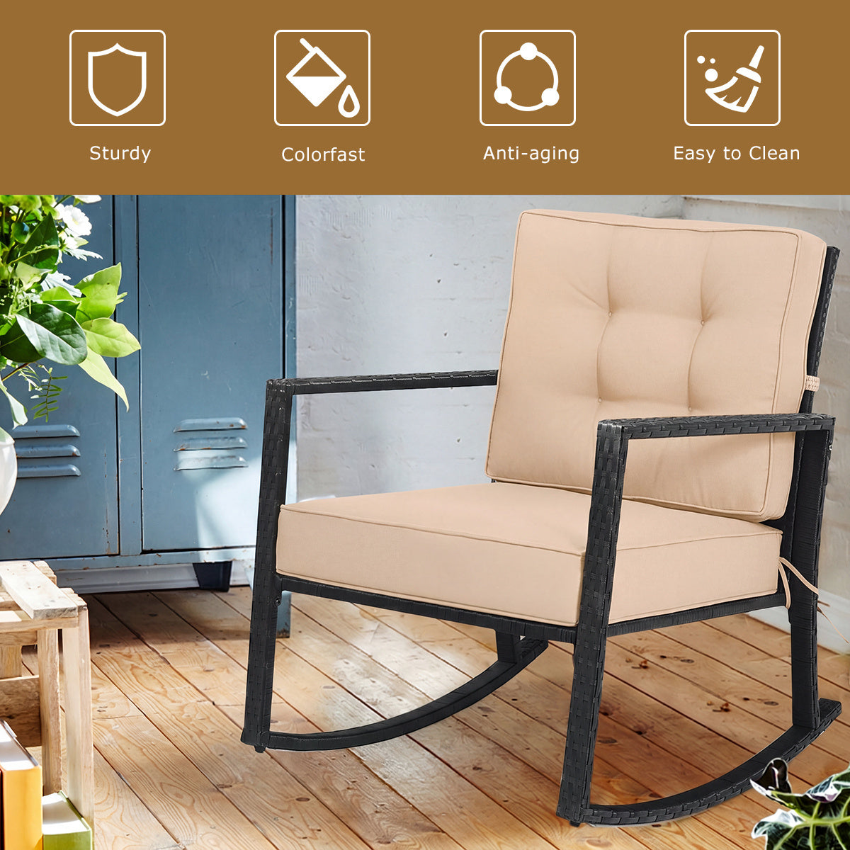 Patio Rattan Rocker Outdoor Glider Rocking Chair Cushion Lawn-Brown