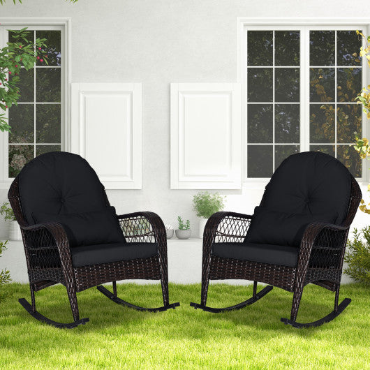 Patio Rattan Rocking Chair with Seat Back Cushions and Waist Pillow-Black