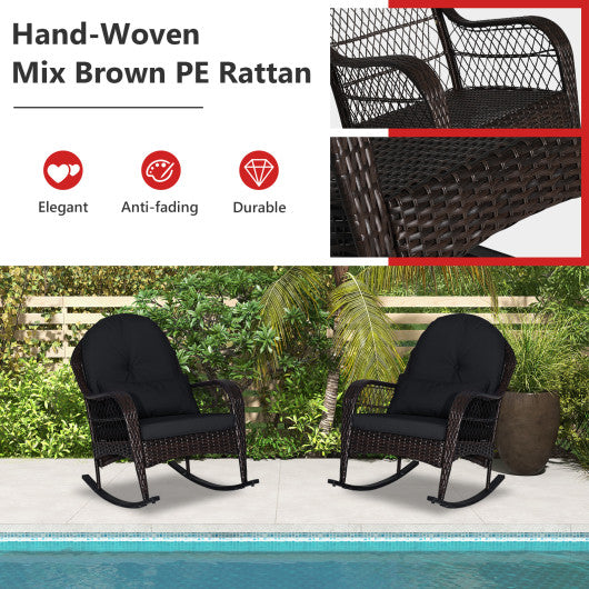 Patio Rattan Rocking Chair with Seat Back Cushions and Waist Pillow-Black