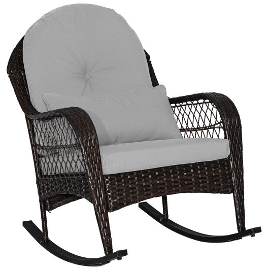 Patio Rattan Rocking Chair with Seat Back Cushions and Waist Pillow-Gray