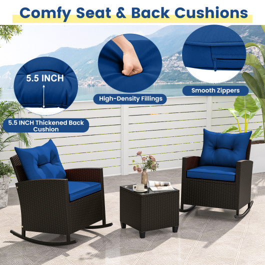 3-Piece Patio Rattan Roker Chairs with Tempered Glass Table and Soft Cushions-Navy