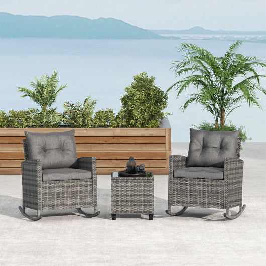 Patio Rattan Roker Chairs with Tempered Glass Table and Soft Cushions for Backyard Poolside Porch-Gray