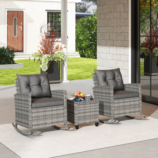 Patio Rattan Roker Chairs with Tempered Glass Table and Soft Cushions for Backyard Poolside Porch-Gray
