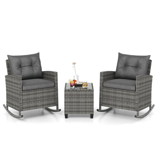 Patio Rattan Roker Chairs with Tempered Glass Table and Soft Cushions for Backyard Poolside Porch-Gray