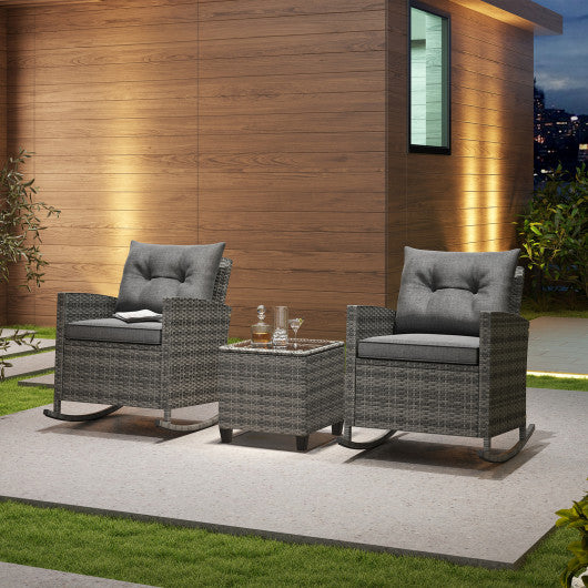 Patio Rattan Roker Chairs with Tempered Glass Table and Soft Cushions for Backyard Poolside Porch-Gray