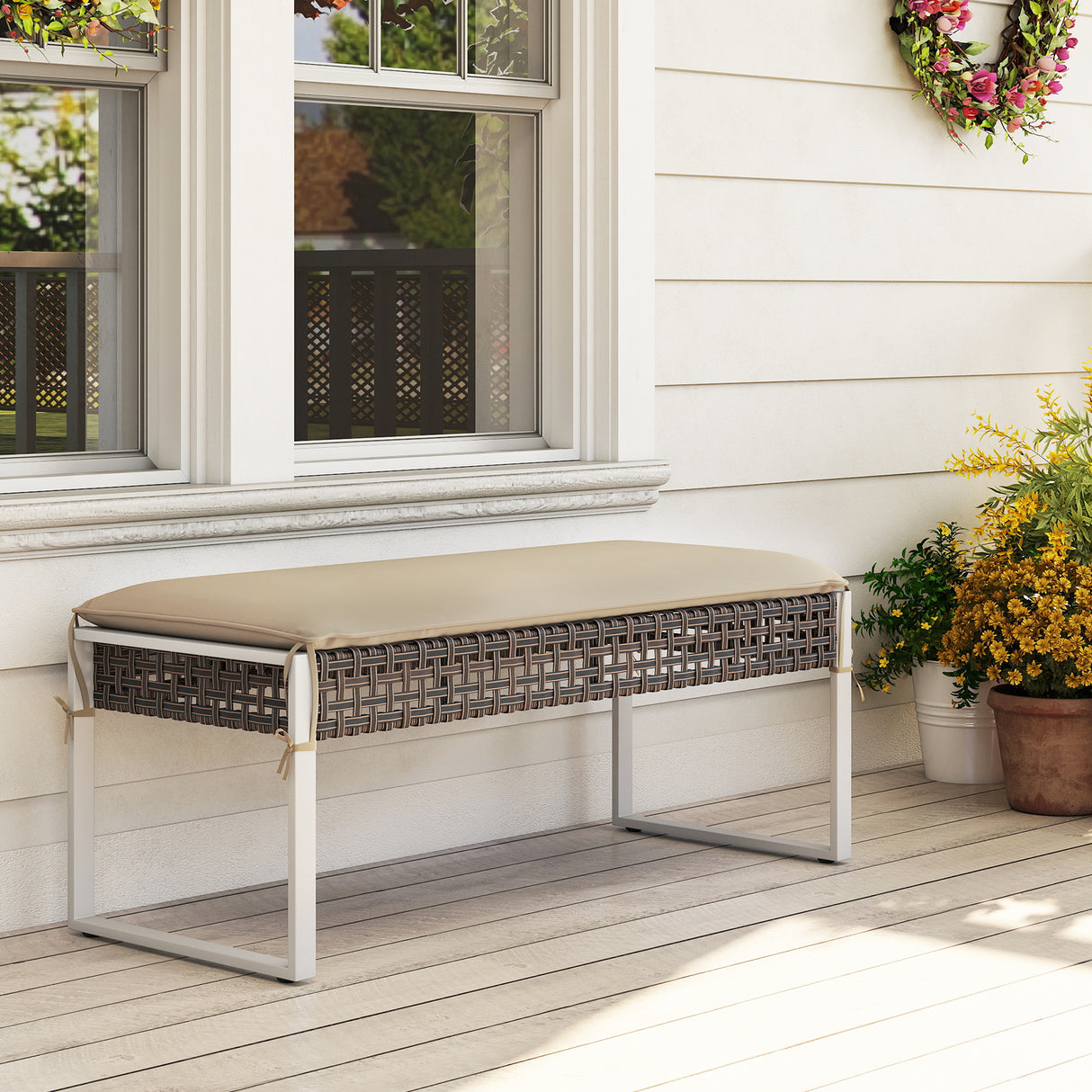 43 Inch Patio Rectangle Ottoman Pack of 2 with Metal Legs and Seat Cushion-Beige