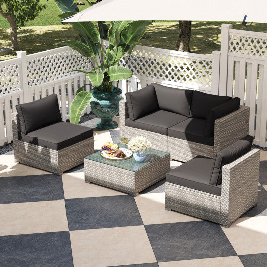 5-Piece Outdoor Patio Sectional Sofa Couch and Glass Coffee Table with Cushions-Black