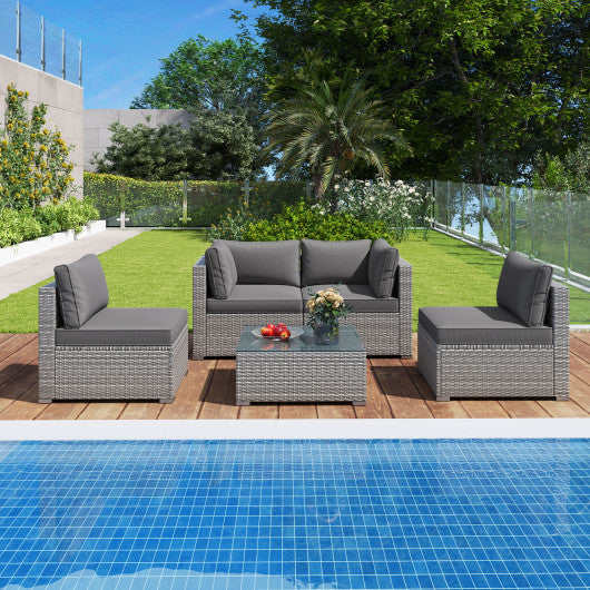 5-Piece Outdoor Patio Sectional Sofa Couch and Glass Coffee Table with Cushions-Gray