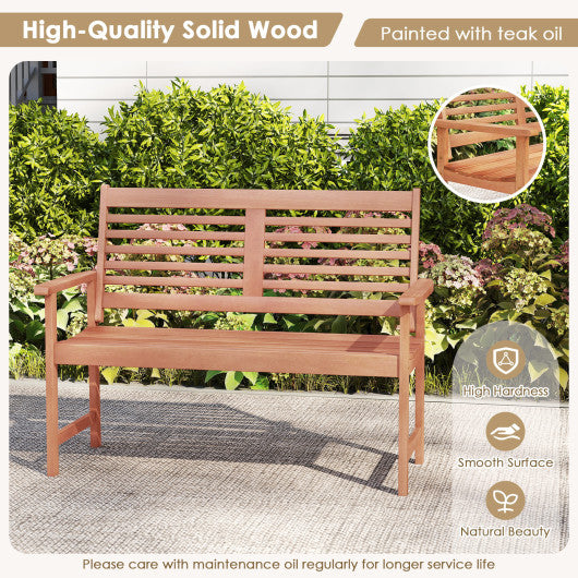 Outdoor Solid Wood Loveseat Hardwood 2-Seat Bench with Inclined Backrest and Slatted Seat