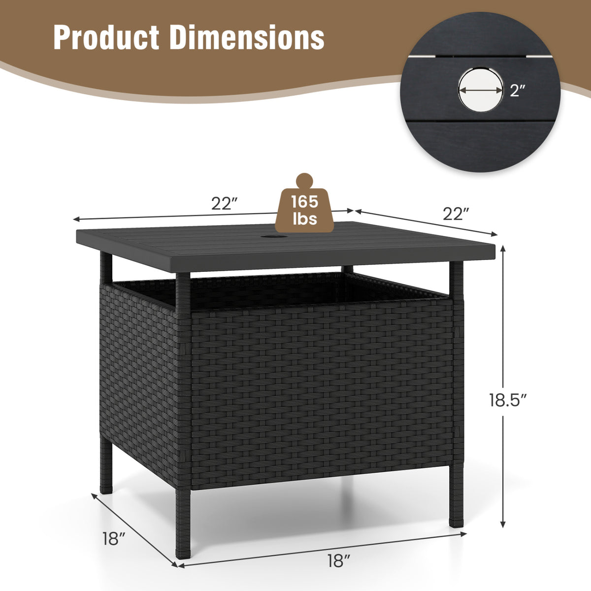Patio Square Wicker Side Table with Umbrella Hole for Yard-Black