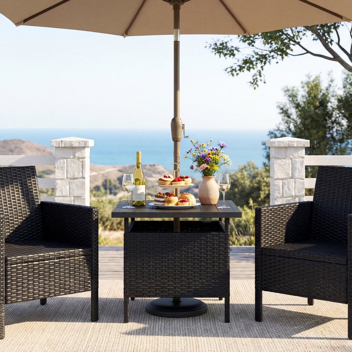 Patio Square Wicker Side Table with Umbrella Hole for Yard-Black