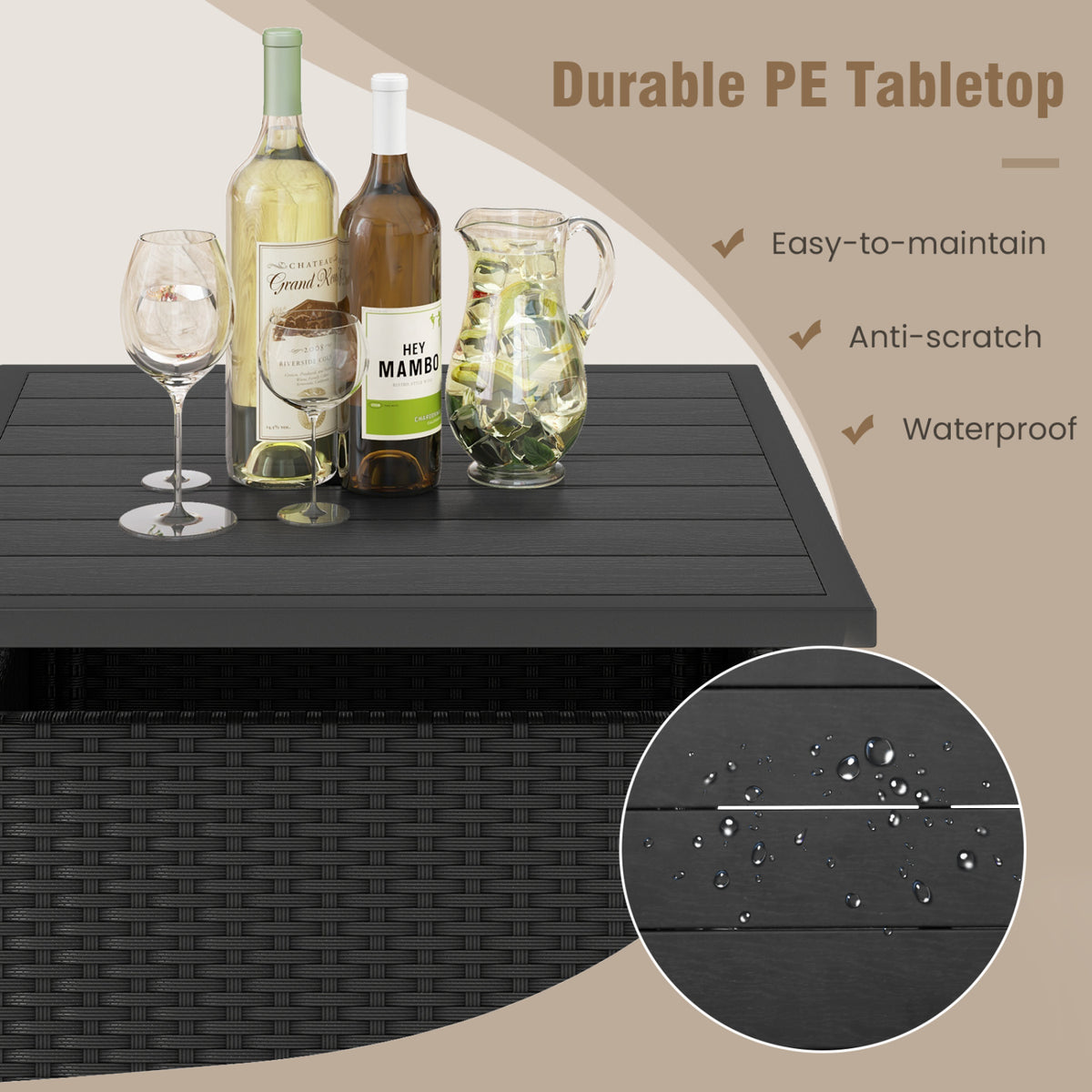 Patio Square Wicker Side Table with Umbrella Hole for Yard-Black